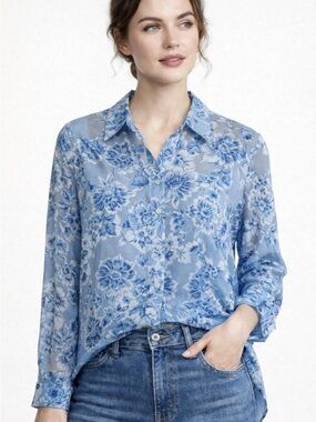 Bonworth Blue Floral Sheer Blouse SP Small Petite Boho Vintage Roll Sleeve AS-IS